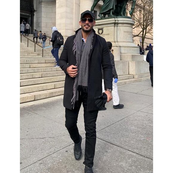 Men's Black Wool Blend Pea Coat Notched Collar  Breasted Winter Trench Coat - Picture 5 of 9